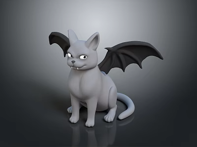 3D Rendered Grey Cat Bat Hybrid With Bat Wings Sharp Teeth Sitting On Dark Background 3d model