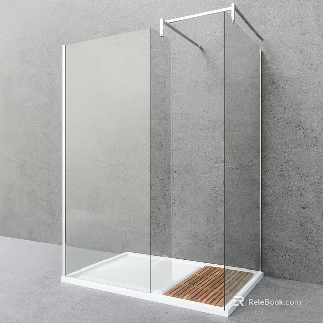 Glass Shower Enclosure With White Base And Wooden Mat 3d model 