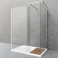 Glass Shower Enclosure With White Base And Wooden Mat