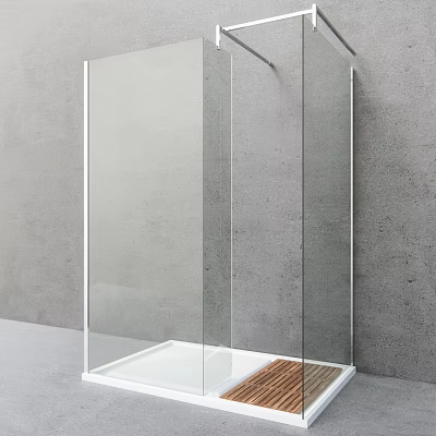 Glass Shower Enclosure With White Base And Wooden Mat 3d model