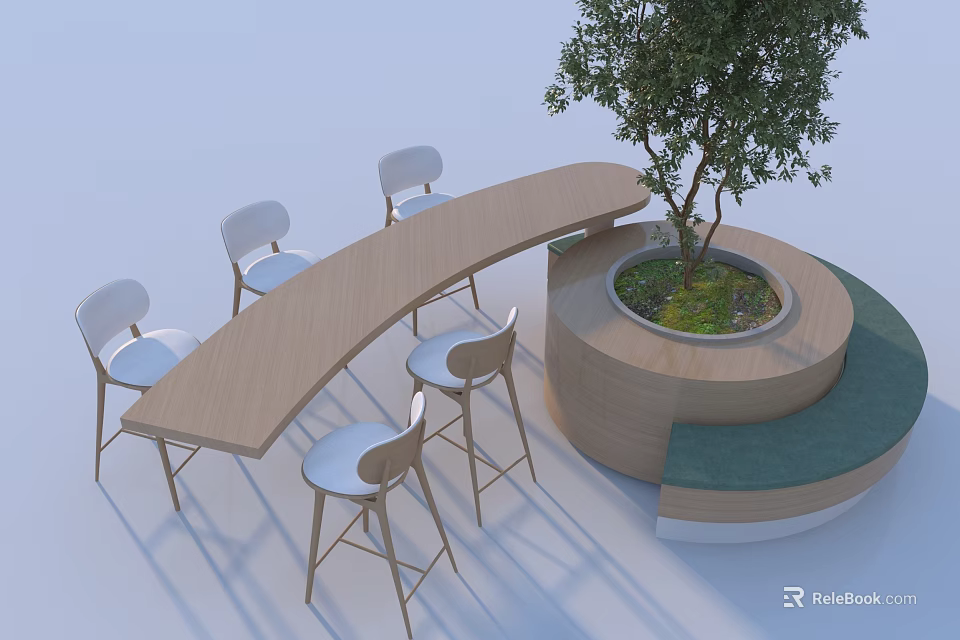 Modern Landscape Seating Featuring Curved Wooden Table High Chairs Circular Tree Planter And Green Cushion 3d model 