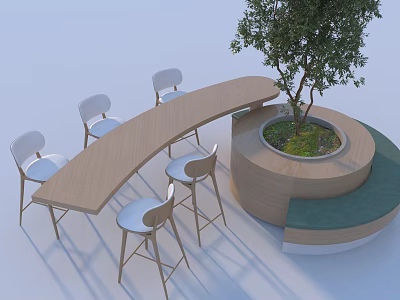 Modern Landscape Seating Featuring Curved Wooden Table High Chairs Circular Tree Planter And Green Cushion 3d model