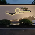 Modern Garden Wall With Illuminated Moon Mountain Design Green Bushes And Water Reflection