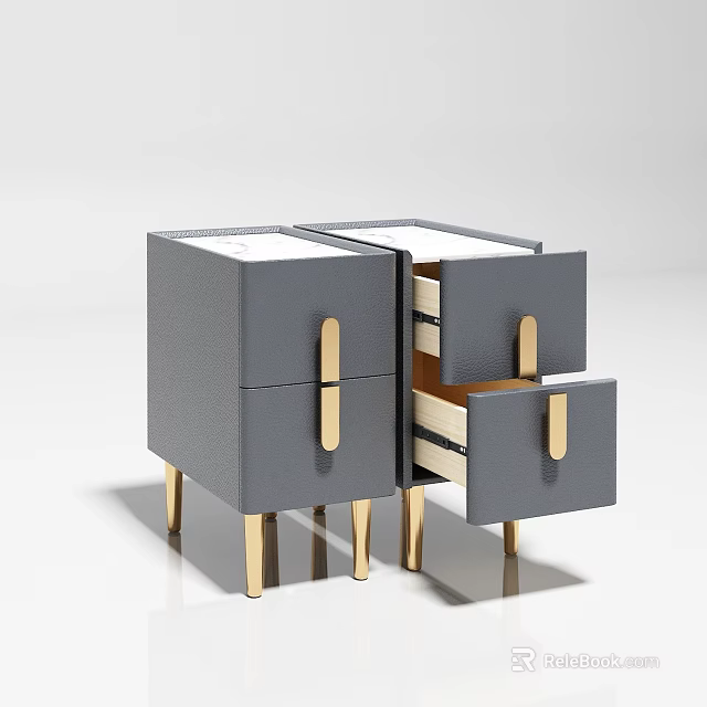 Modern Gray Nightstand with Gold Handles Gold Legs and Open Drawer 3d model 