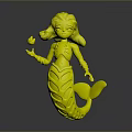 3D Mermaid Character With Blue Body Red Hair And Skeleton Like Patterns Holding Small Object