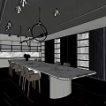 Modern Tea Room Interior Design With Long Marble Table Chairs And Wall Cabinets