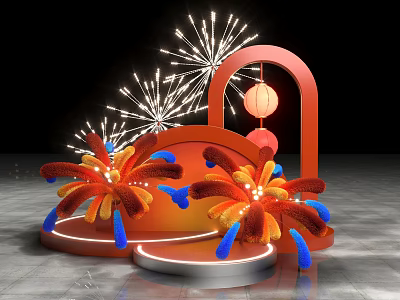 Vibrant Photo Check In Spot With Red Arch Hanging Lantern And Fireworks 3d model