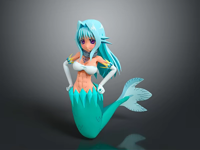 Anime Style Mermaid Game and Movie Character with Light Blue Hair Purple Eyes Green Tail 3d model