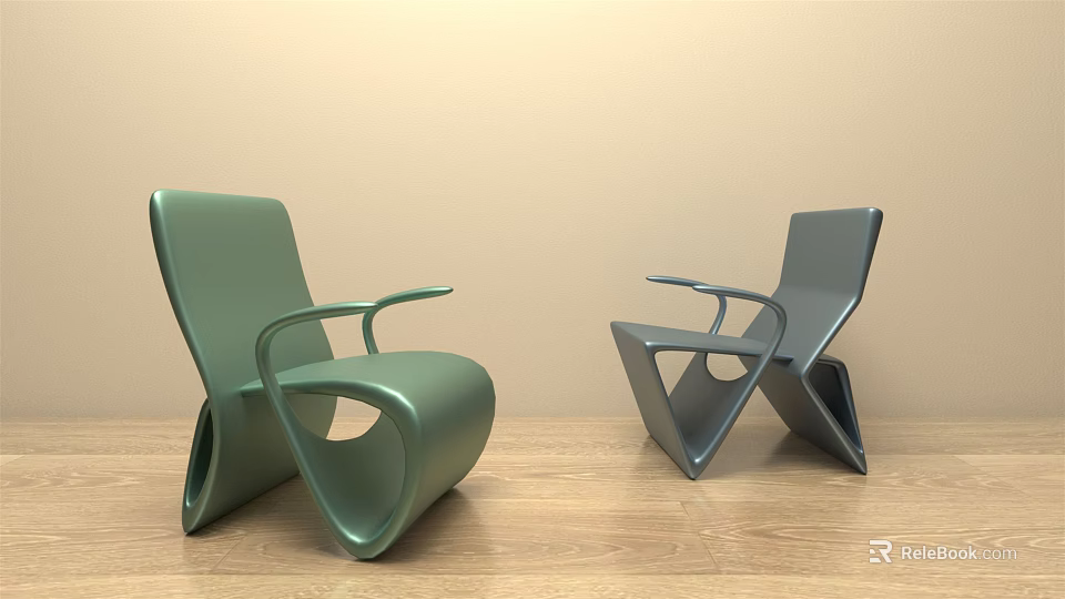 Modern Green Gray Lounge Chairs with Unique Curved Structure on Wooden Floor Light Walls 3d model 