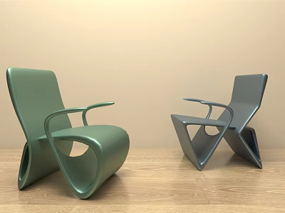 Modern Green Gray Lounge Chairs with Unique Curved Structure on Wooden Floor Light Walls 3d model