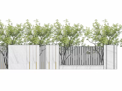 Modern Garden Fence Design With Metal Slats And Marble Panels Surrounding Trees 3d model