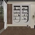 Modern Elegant Decorative Cabinet With Open Storage Shelves And Decor Items By Window And Plant