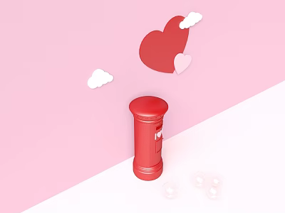 Red Commercial Post Box On Pink Background With Heart Shapes And White Clouds 3d model