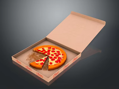 Pizza in Open Brown Cardboard Box with Missing Slice Pepperoni Tomato Sauce and Grease Stains 3d model