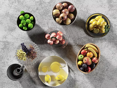 Colorful Ceramic Vessels Holding Various Fresh Fruits on Grey Countertop 3d model