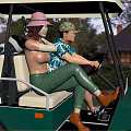 Two People Riding Green Golf Cart In Outdoor Scenery