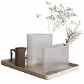 Minimalist Decorative Ornament Set With Transparent Vase White Flowers Tray Brown Cylindrical Jar And Books