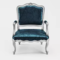 Elegant Blue Fabric Dining Chair With Silver Carved Legs And Armrests
