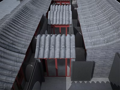 Ancient Architecture Courtyard With Gray Tiled Roofs And Red Wooden Beams 3d model