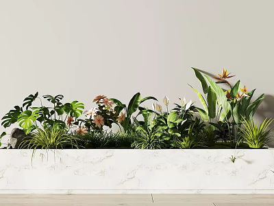 Monstera Leaves And Bird Of Paradise Blooms With Various Green Plants In Marble Planter 3d model