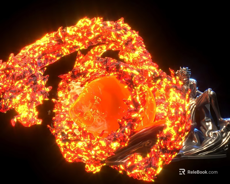 Flaming Silver Sculpture With Bright Orange Fire On Black Background 3d model 