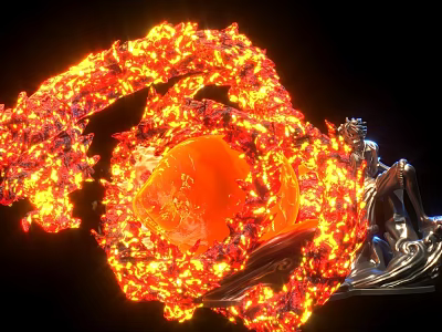 Flaming Silver Sculpture With Bright Orange Fire On Black Background 3d model