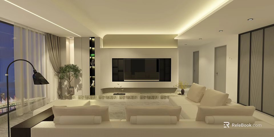 Elegant Light Toned Modern Living Room With Recessed Ambient Lighting And Comfortable Large Sectional Sofa 3d model 