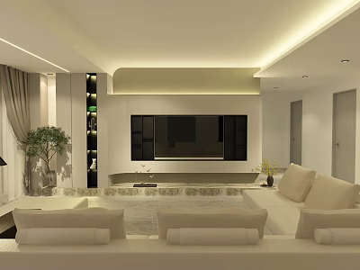 Elegant Light Toned Modern Living Room With Recessed Ambient Lighting And Comfortable Large Sectional Sofa 3d model