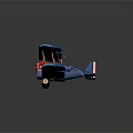 Blue Biplane Model with Red Cockpit and Orange Struts on Dark Background with Reflection