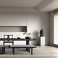Modern Minimalist Tea Room With Long Table Stools And Decor 3d model
