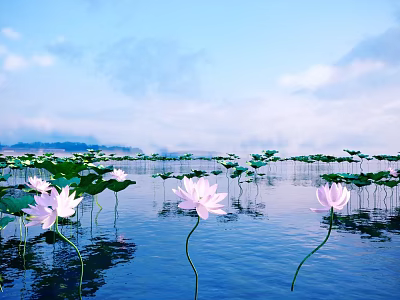 Beautiful Pink Lotus Flowers and Green Leaves on Water Surface with Blue Sky White Clouds 3d model