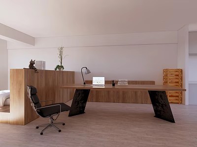Apartment Modern Home Office Workspace With Wooden Desk Black Chair And Green Plant 3d model