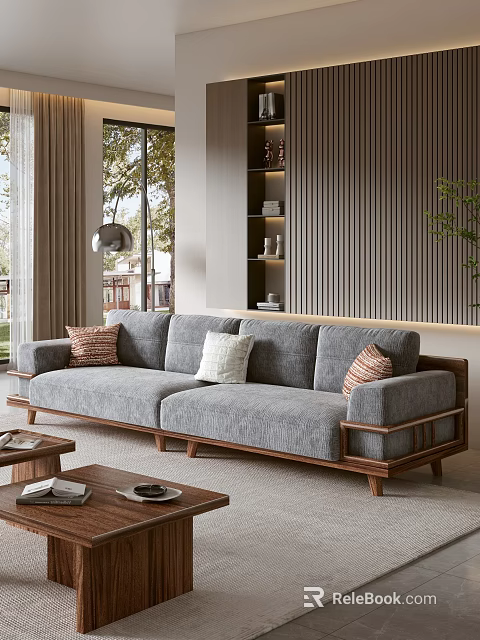 Modern Living Room Gray Sofa with Wooden Frame and Coffee Table Set with Pillows 3d model 
