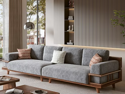 Modern Living Room Gray Sofa with Wooden Frame and Coffee Table Set with Pillows 3d model