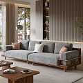Modern Living Room Gray Sofa with Wooden Frame and Coffee Table Set with Pillows