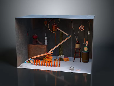 Miniature Mechanical Scene Model With Wooden Blocks Pulleys Gears And Barrel 3d model