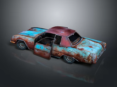 Rusty Vintage Car With Open Door And Blue Red Worn Body 3d model