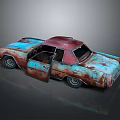 Rusty Vintage Car With Open Door And Blue Red Worn Body