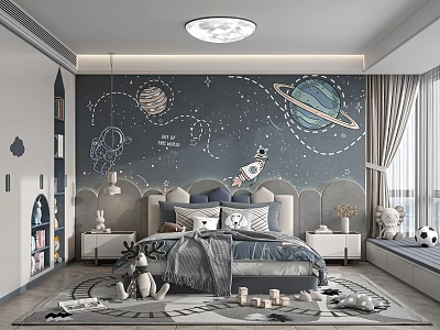 Kids Room With Space Theme Wall Mural Moon Ceiling Light Cloud Headboard And Toys 3d model