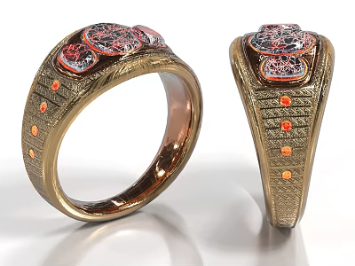 Unique Golden Rings Featuring Red Accents And Orange Stones Intricate Design 3d model