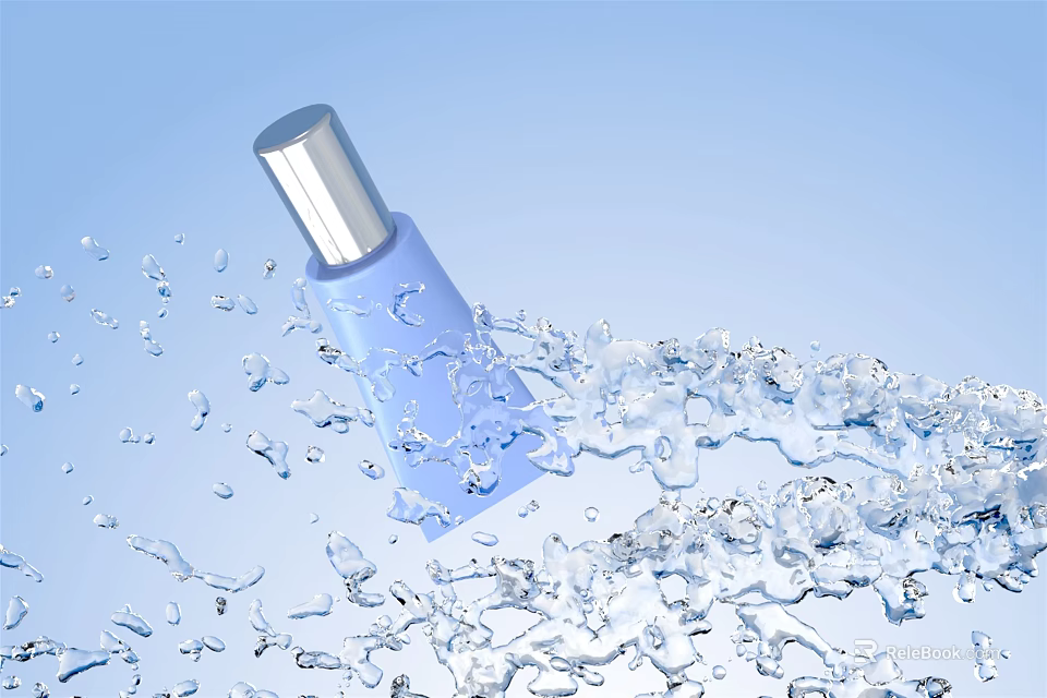 Fresh Blue Cosmetic Perfume Bottle With Water Splashes And Droplets 3d model 
