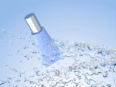 Fresh Blue Cosmetic Perfume Bottle With Water Splashes And Droplets 3d model
