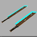 Two Modern Long Knives With Wooden Handles And Blue Glowing Sections Design