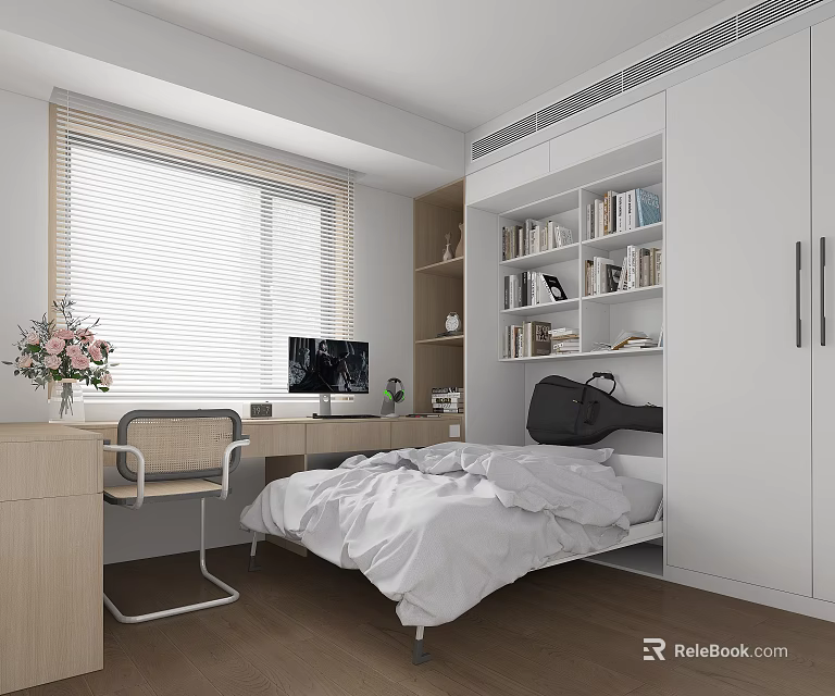 Modern Kids Bedroom With Bed Desk Chair Bookshelves And Window 3d model 