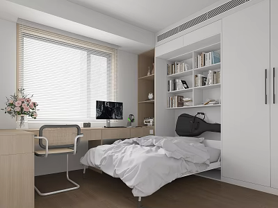 Modern Kids Bedroom With Bed Desk Chair Bookshelves And Window 3d model