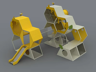Yellow And White Hexagonal Playground Equipment With Slide And Climbing Net For Outdoor Kids Activity 3d model