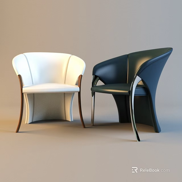 Modern White And Black Accent Chairs With Curved Backrest And Wooden Metal Legs 3d model 