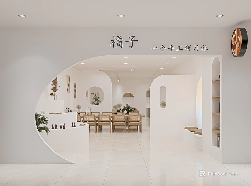 Minimalist White Handmade Workshop Interior With Arched Doorway 3d model