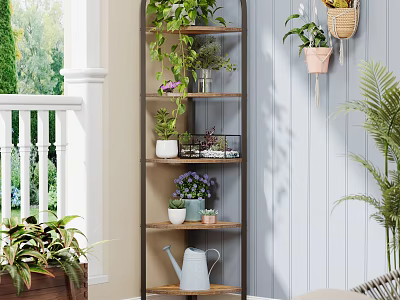 Tiered Plant Stand With Various Green Plants Hanging Planters And Watering Can In Indoor Garden 3d model