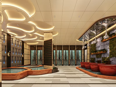 Luxurious SPA Sauna With Hot Pools Curved Ceiling Lighting Red Buckets And Green Plant Wall 3d model